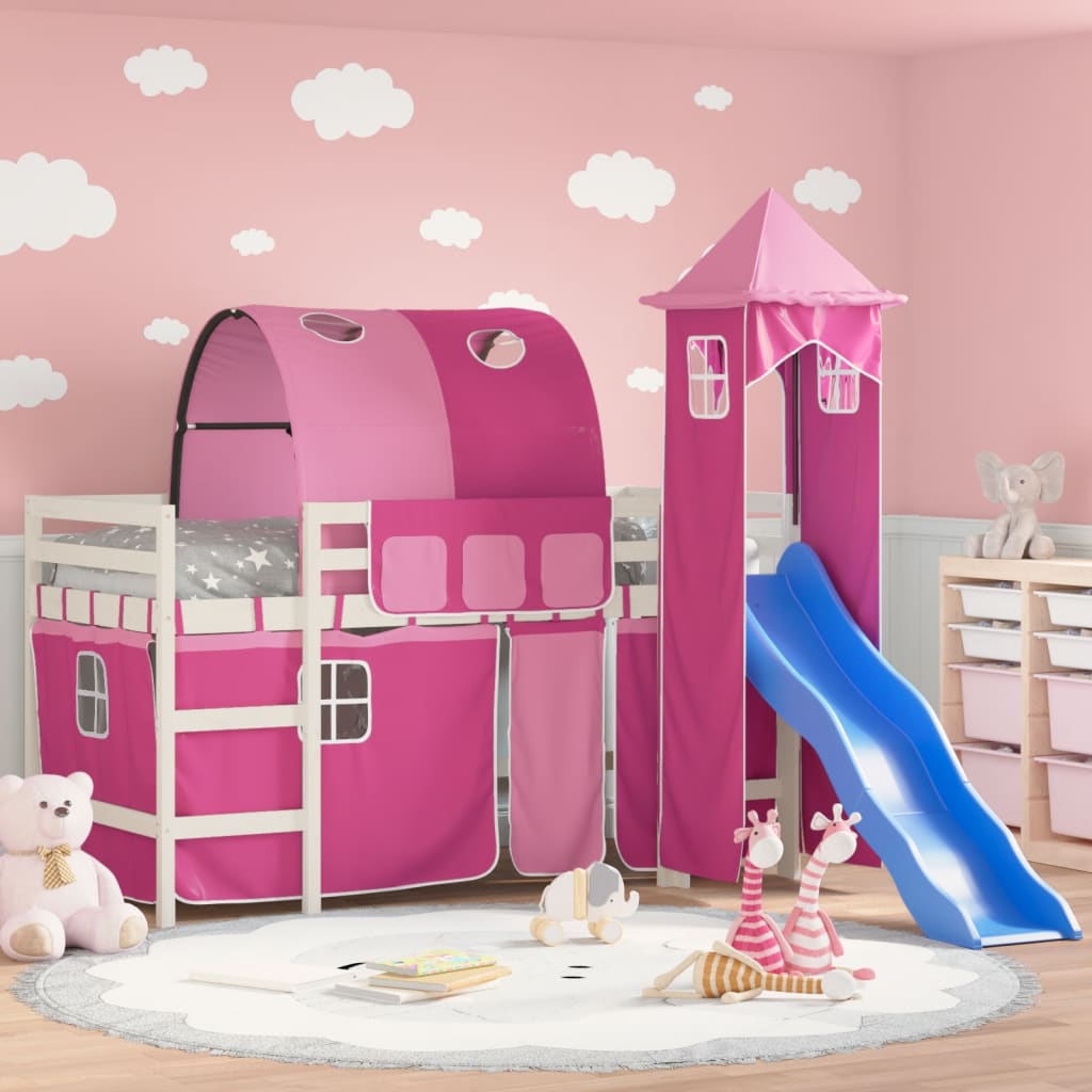 Bērnu augstā gulta ar torni, rozā, 80x200 cm, priedes masīvkoks