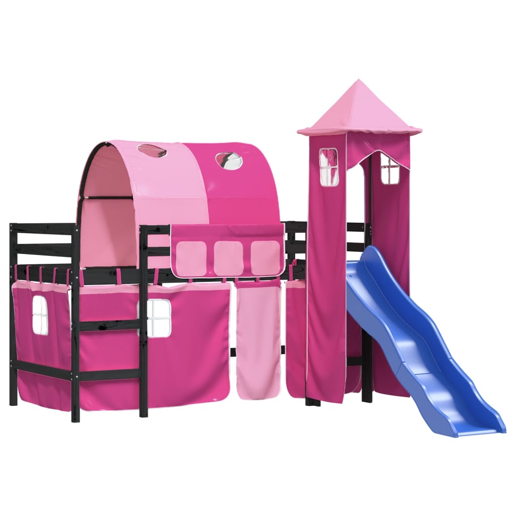 детская высокая кровать с башней, розовая, 90х190 см, массив сосны