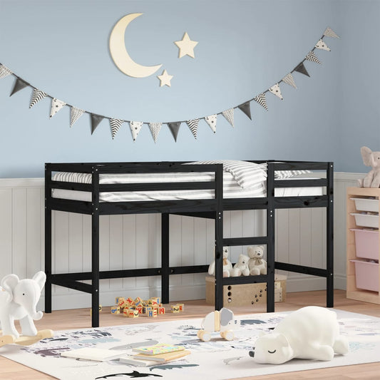 bērnu gulta ar trepēm, melna, 90x190 cm, priedes masīvkoks