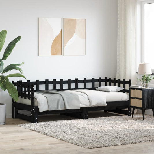 izvelkama gulta, melna, 2x(80x200) cm, priedes masīvkoks