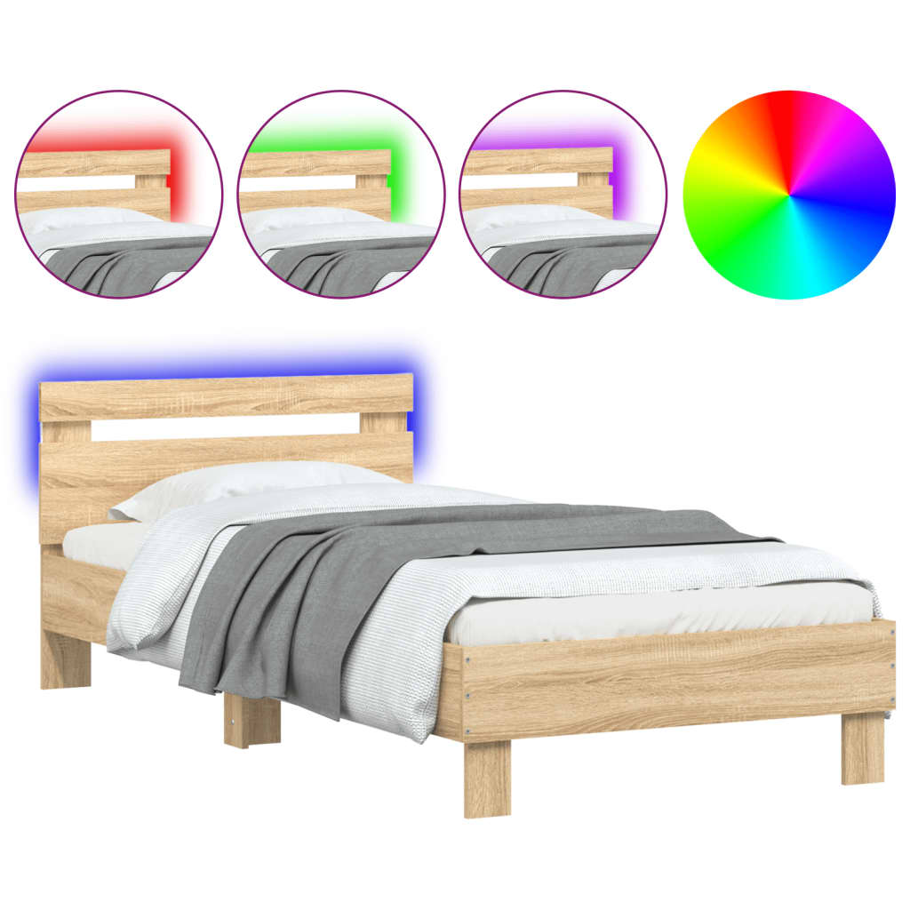 gultas rāmis ar galvgali un LED, koka krāsa, 90x190 cm