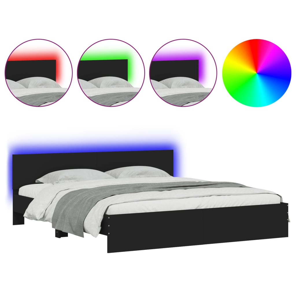 gultas rāmis ar galvgali un LED, melns, 200x200 cm